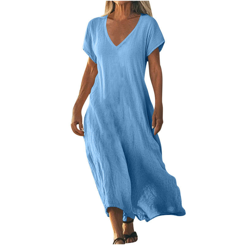 ✨ Robe ample femme en coton et lin Col V élégant • Manches courtes • Style léger et confortable