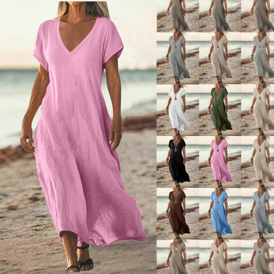 ✨ Robe ample femme en coton et lin Col V élégant • Manches courtes • Style léger et confortable