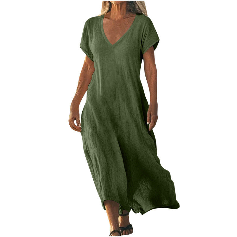 ✨ Robe ample femme en coton et lin Col V élégant • Manches courtes • Style léger et confortable