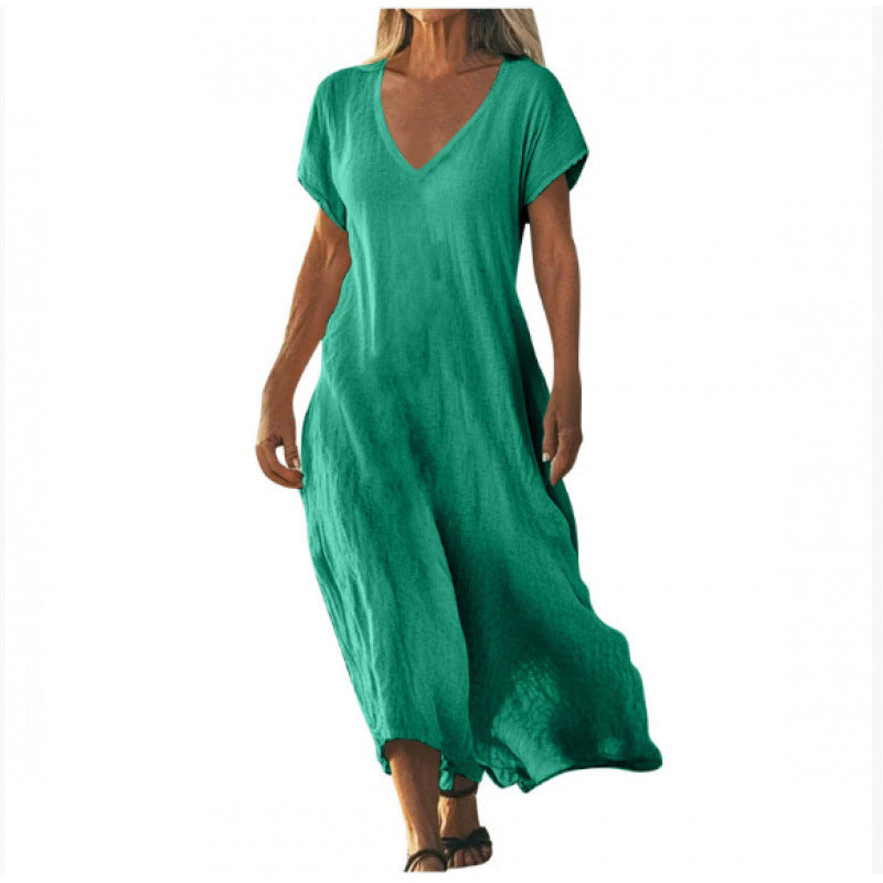 ✨ Robe ample femme en coton et lin Col V élégant • Manches courtes • Style léger et confortable