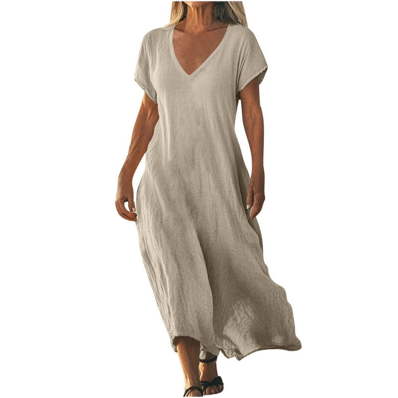 ✨ Robe ample femme en coton et lin Col V élégant • Manches courtes • Style léger et confortable