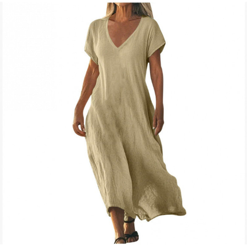 ✨ Robe ample femme en coton et lin Col V élégant • Manches courtes • Style léger et confortable