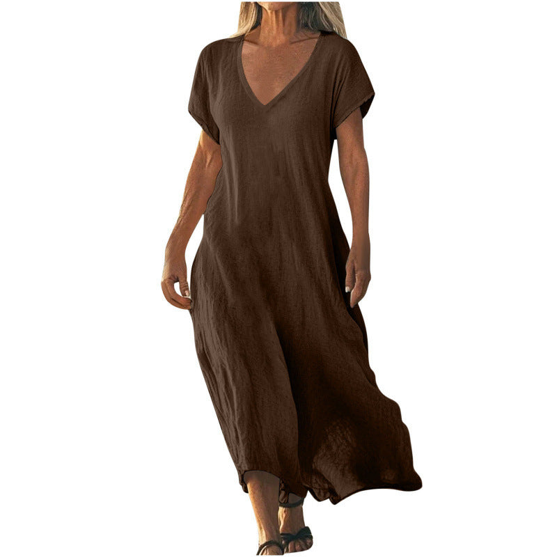 ✨ Robe ample femme en coton et lin Col V élégant • Manches courtes • Style léger et confortable
