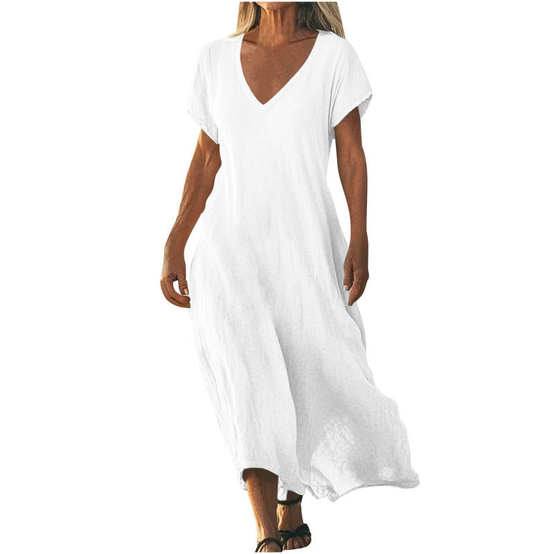 ✨ Robe ample femme en coton et lin Col V élégant • Manches courtes • Style léger et confortable