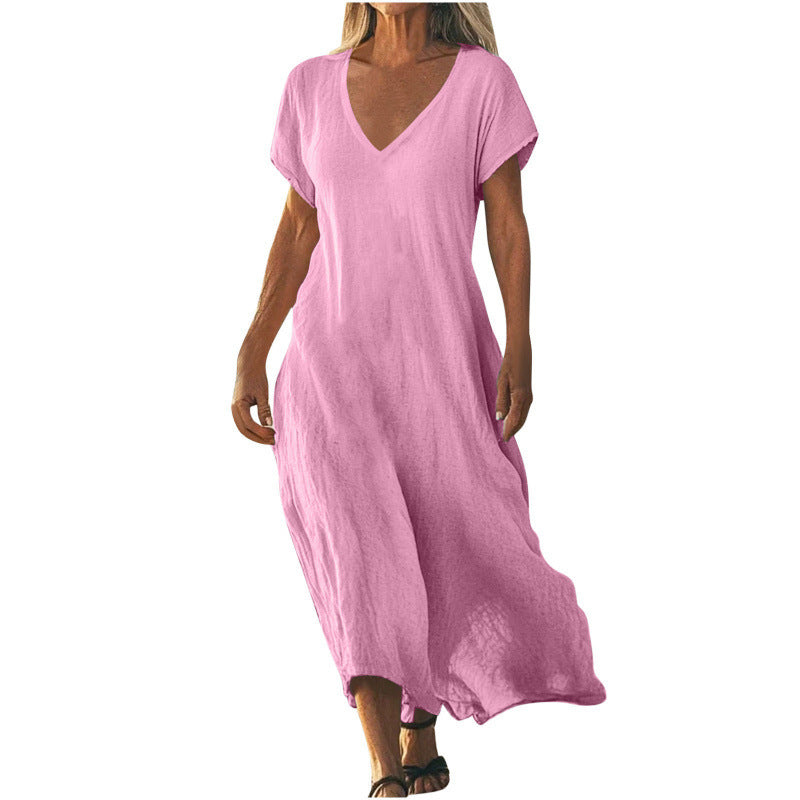 ✨ Robe ample femme en coton et lin Col V élégant • Manches courtes • Style léger et confortable