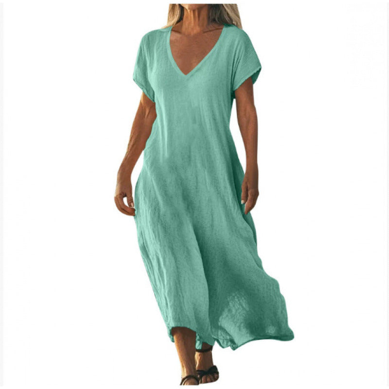 ✨ Robe ample femme en coton et lin Col V élégant • Manches courtes • Style léger et confortable