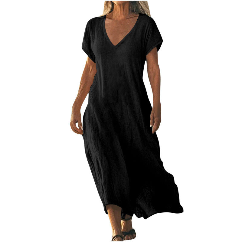 ✨ Robe ample femme en coton et lin Col V élégant • Manches courtes • Style léger et confortable