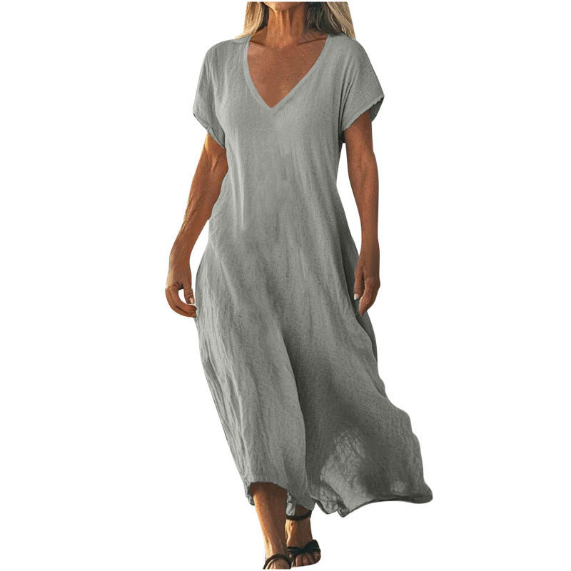 ✨ Robe ample femme en coton et lin Col V élégant • Manches courtes • Style léger et confortable